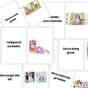 Op de afbeelding: Een verzameling cartoonafbeeldingen met personages uit de animatieserie Bluey. De afbeeldingen bevatten tekst zoals "This is a real pickle", "I slipped on my beans" en "You're doing great".