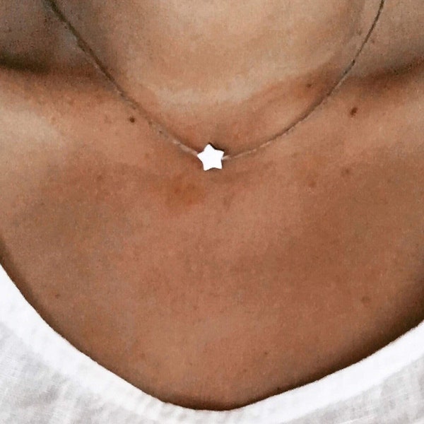 NEARBY STAR - Linen necklace made in France, natural linen jewelry and pearly star, pure craftsmanship, handmade in France