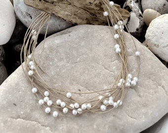 RAIN OF PEARLS - Linen and pearl necklace made in France, natural linen jewelry and pearly pearls, pure craftsmanship, handmade in France