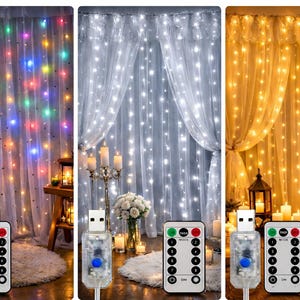 May include: Three illuminated curtain lights with different color schemes: multi-color, white, and warm white. Each curtain has a USB connector and a remote control. The lights are suitable for indoor decoration and create a festive atmosphere.
