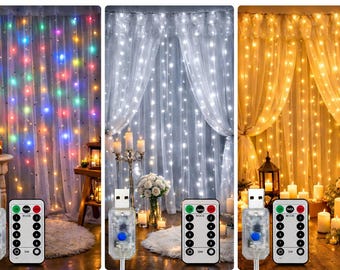 300 LED Curtain Fairy Lights 3m x 3m, USB Powered String Lights with Remote, 8 Modes Garland Lights for Wedding, Bedroom & Party Decor