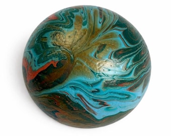 Hand-Painted Acrylic Pour Flower Wreath Center | Teal Turquoise Coral Gold Marbled Design