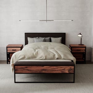 Lit en métal, lit avec siège, lit avec tête de lit, lit tapissé, lit moderne pour chambre, lit style loft, lit en chêne, meubles de chambre