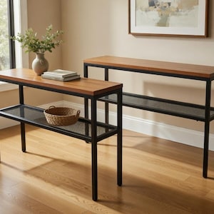 Consolle in metallo con ripiano, consolle con piano in rovere,tavolo industriale per corridoio,consolle stretta per ingresso, design moderno