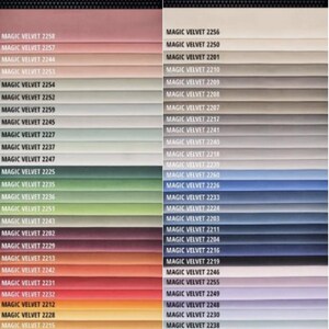 May include: Color swatches of Magic Velvet fabric in a variety of shades, including pink, green, blue, and gray. The "Top textil" logo is at the top. Each color is labeled with a unique number.