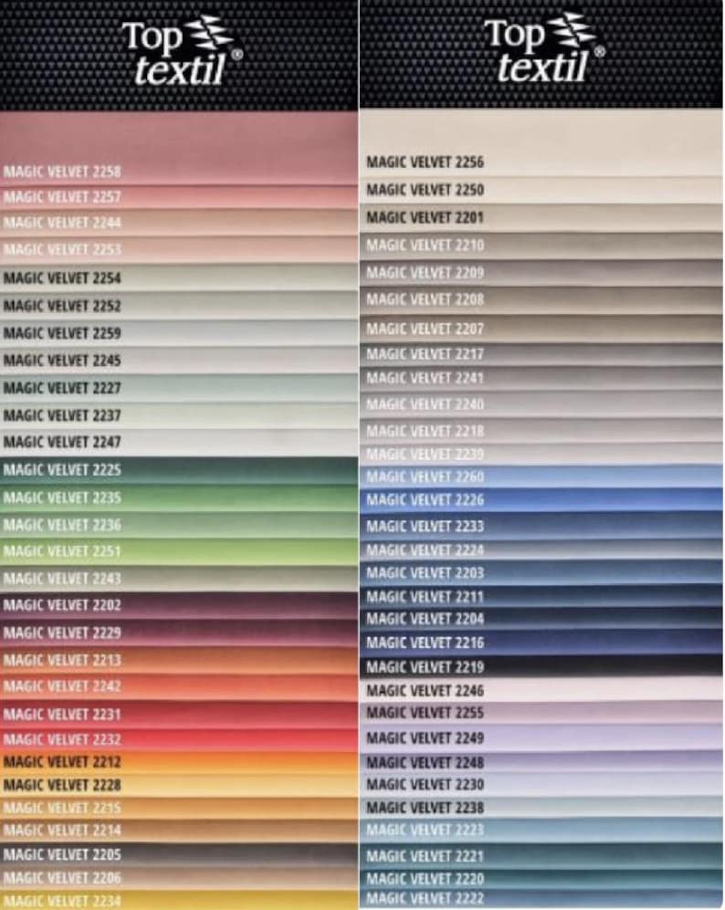 May include: Color swatches of Magic Velvet fabric in a variety of shades, including pink, green, blue, and gray. The "Top textil" logo is at the top. Each color is labeled with a unique number.