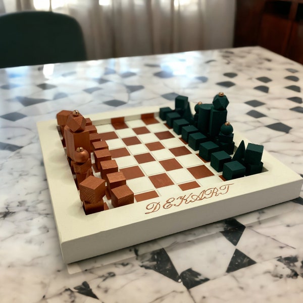 Jeu d'échecs en bois au design unique - Fait à la main, Style minimaliste, Couleurs pastel, Décoration d'intérieur, Cadeau personnalisé