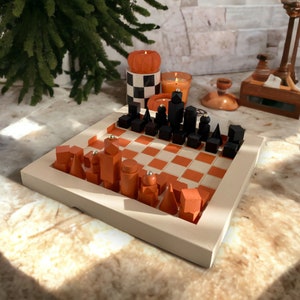 Handmade Halloween Chess Set - Minimalist Design, Halloween Gift, Wooden Chessboard, Personalized,Halloween Decoration