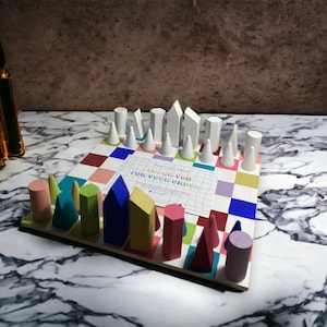 Handmade Rainbow Chessboard, Wooden Chess Set with Colorful Pieces, Unique Gift for Chess Enthusiasts