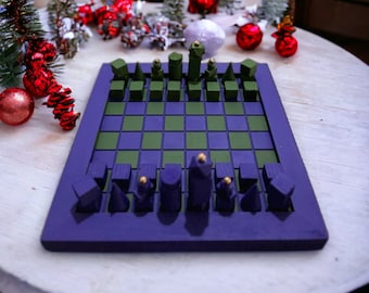 Handmade Wooden Chess Set - Unique Design, Minimalist Style, Pastel Colors, Home Decor, Personalized Gift,Purple Decoration Object