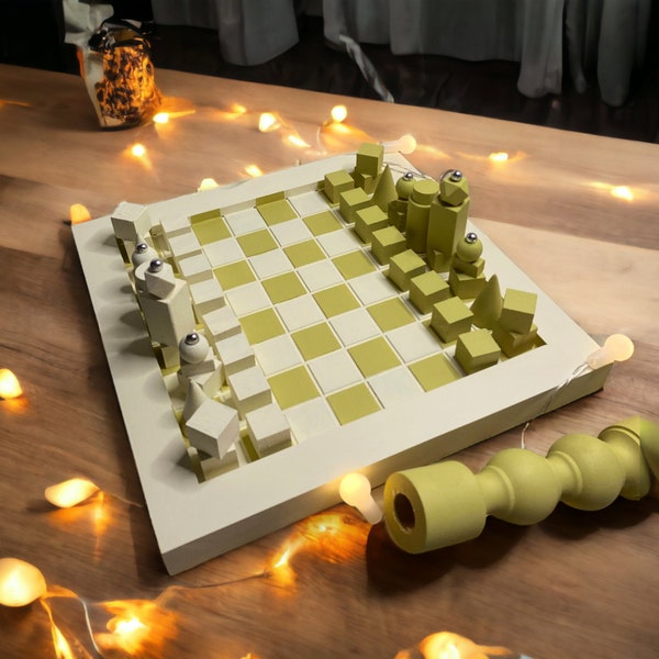 Handmade Wooden Chess Set - Unique Design, Minimalist Style, Pastel Colors, Home Decor, Personalized Gift