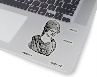 Pegatina de Atenea, diosa griega vintage transparente blanca, diosa de la guerra, mitología romana, Minerva, deidad latina, regalo de la antigua Grecia.
