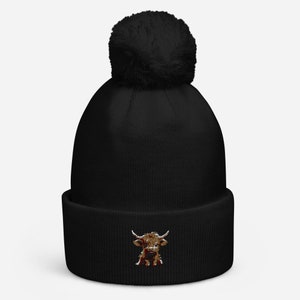 Highland Cow Cuffed Bobble Hat | Embroidered Bobble Hat | Womens Bobble Hat | Mens Bobble Hat | Unisex Bobble Hat | Cute Bobble Hat |