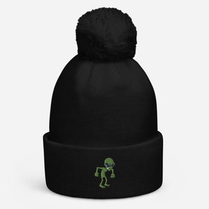 Angry Alien Cuffed Bobble Hat | Embroidered Bobble Hat | Womens Bobble Hat | Mens Bobble Hat | Unisex Bobble Hat | Cute Bobble Hat |