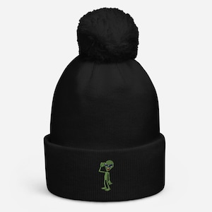 Confused Alien Cuffed Bobble Hat | Embroidered Bobble Hat | Womens Bobble Hat | Mens Bobble Hat | Unisex Bobble Hat | Cute Bobble Hat |