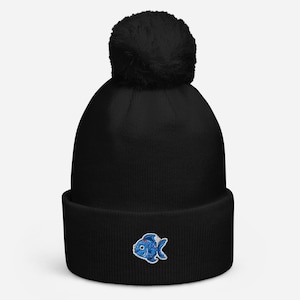 Fish Cuffed Bobble Hat | Embroidered Bobble Hat | Womens Bobble Hat | Mens Bobble Hat | Unisex Bobble Hat | Cute Bobble Hat | Winter Gift |