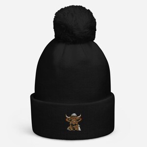 Highland Cow Cuffed Bobble Hat | Embroidered Bobble Hat | Womens Bobble Hat | Mens Bobble Hat | Unisex Bobble Hat | Cute Bobble Hat |