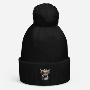 Highland Cow Cuffed Bobble Hat | Embroidered Bobble Hat | Womens Bobble Hat | Mens Bobble Hat | Unisex Bobble Hat | Cute Bobble Hat |