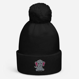 Elephant Cuffed Bobble Hat | Embroidered Bobble Hat | Womens Bobble Hat | Mens Bobble Hat | Unisex Bobble Hat | Cute Bobble Hat | Xmas Gift