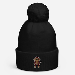 Monkey Cuffed Bobble Hat | Embroidered Bobble Hat | Womens Bobble Hat | Mens Bobble Hat | Unisex Bobble Hat | Cute Bobble Hat | Winter Gift