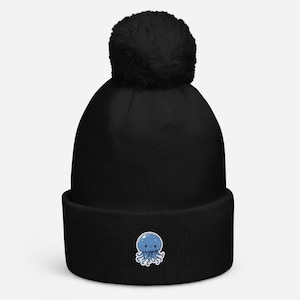 Jellyfish Cuffed Bobble Hat | Embroidered Bobble Hat | Womens Bobble Hat | Mens Bobble Hat | Unisex Bobble Hat | Cute Bobble Hat |