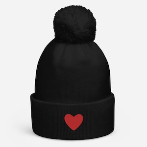 Love Heart Cuffed Bobble Hat | Embroidered Bobble Hat | Womens Bobble Hat | Mens Bobble Hat | Unisex Bobble Hat | Cute Bobble Hat |