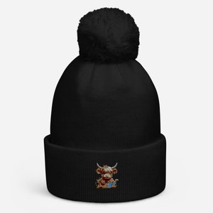 Highland Cow Cuffed Bobble Hat | Embroidered Bobble Hat | Womens Bobble Hat | Mens Bobble Hat | Unisex Bobble Hat | Cute Bobble Hat |
