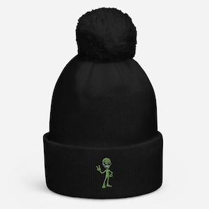 Happy Alien Cuffed Bobble Hat | Embroidered Bobble Hat | Womens Bobble Hat | Mens Bobble Hat | Unisex Bobble Hat | Cute Bobble Hat |