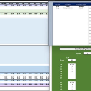 Könnte beinhalten: Eine grüne Tabellenkalkulation mit dem Titel "Name des Hirsches/Tag-Nummer". Die Tabellenkalkulation hat Spalten für "Spread", "Links", "Balken" und "Rechts". Die Tabellenkalkulation enthält Zahlen für jede Spalte.
