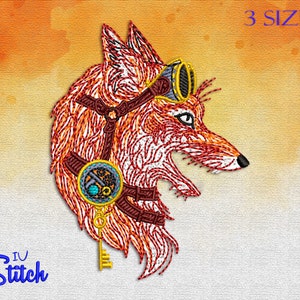 Steampunk Fox embroidery design, 3 Sizes, Multiformat