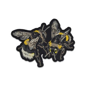 Bumblebee Duo Embroidered Iron-On Patch – Botanical Bee Art for Jackets
