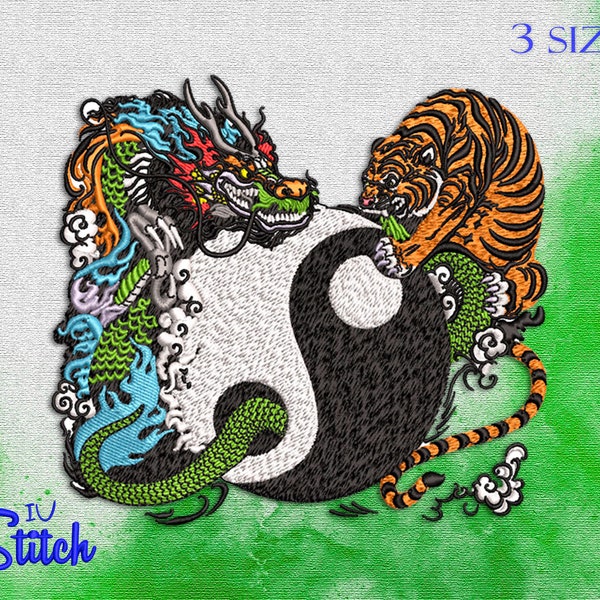 Yin Yang avec design de broderie de tigre et de dragon, 3 tailles, multiformat