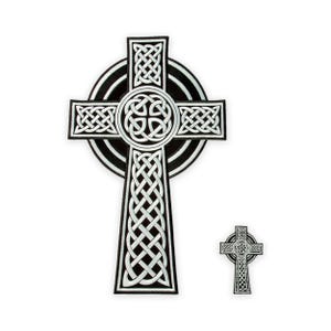 May include: Two Celtic crosses, one large and one small, with intricate knotwork designs. The crosses are white with black outlines and a black circular background. The larger cross is approximately 10 inches tall.