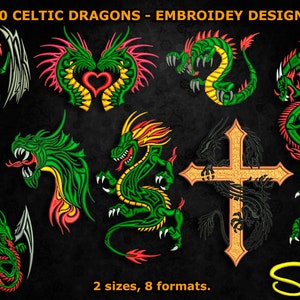 Celtic Dragons Collection Embroidery Designs, 2 Sizes, 10 designs, Multiformat