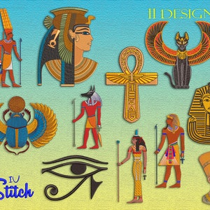 Könnte beinhalten: Elf farbenfrohe Stickmuster mit ägyptischen Symbolen und Figuren, darunter ein Skarabäus, ein Horusauge, ein Pharao, eine Katze und ein Ankh. Die Designs sind perfekt, um einzigartige und dekorative Projekte zu erstellen.