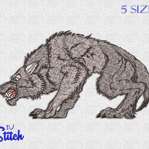 May include: Embroidered design of a gray wolf snarling with its mouth open, showing teeth. The wolf is in a crouched position with its front paws forward and its back legs bent. The design is suitable for embroidery projects.