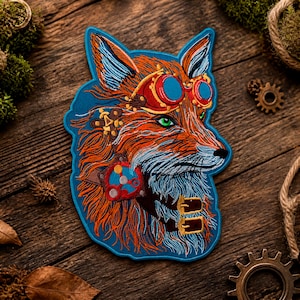 May include: An embroidered patch featuring a fox head with bright orange fur, green eyes, and blue highlights. The fox wears red goggles with blue lenses, a brown collar with two gold buckles, and a mechanical gear accessory on its neck.
