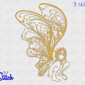 May include: Gold embroidery design of a fairy with intricate wings. The design is available in three sizes.  3 SIZES