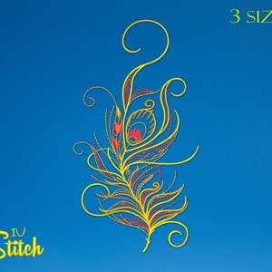 May include: A yellow, red and purple peacock feather embroidery design with the text "3 SIZES" in the top right corner and "IV Stitch" in the bottom left corner.