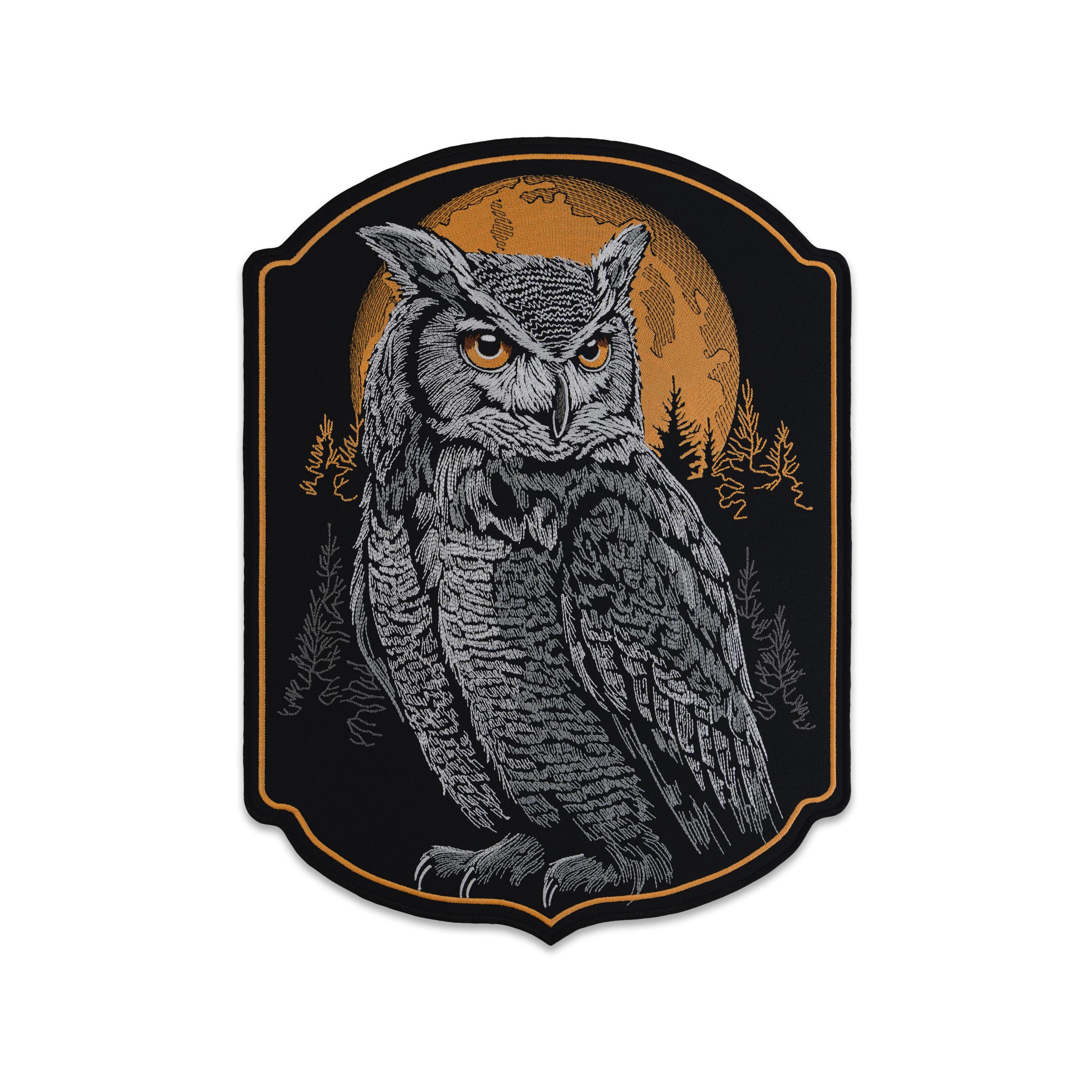 Great Horned Owl Embroidered Iron-On Patch – Full Moon Forest Art for Jackets