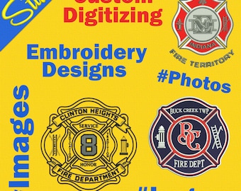 Può includere: Uno sfondo giallo con il testo "Custom Digitizing Embroidery Designs" in blu.  Ci sono tre immagini di loghi dei vigili del fuoco.  Il testo "#Photos" è in blu sotto il logo superiore.  Il testo "#Logos" è in blu sotto i due loghi inferiori.  Il testo "#Images" è in blu sul lato sinistro dell'immagine.