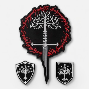 May include: Set of three embroidered patches featuring designs from a fantasy series. The largest patch is black with a white tree and sword design, surrounded by red text. Two smaller shield-shaped patches are also included.