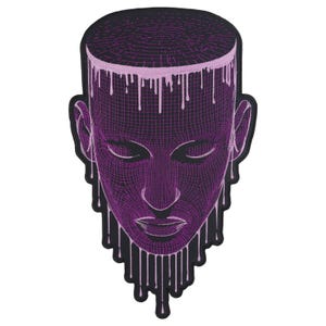 Cyber Wireframe Face Embroidered Iron-On Patch – Dripping Purple Grid Art for Jackets