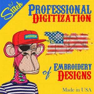 May include: A colorful illustration of a monkey wearing a red baseball cap with the text "IVSTITCH" on it. The monkey has a pink face, a blue and white striped shirt, and a tattoo of multiple eyes on its neck. The background is yellow with a red, white, and blue American flag in the background. The text "PROFESSIONAL DIGITIZATION of EMBROIDERY DESIGNS Made in USA" is also on the image.