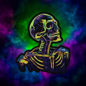 May include: A vibrant patch depicting a human skeleton in neon colours. The design features a black outline with neon green, orange, purple, and blue details. The background is a smoky, abstract pattern.