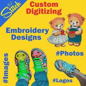 Könnte beinhalten: Individuelle Stickmuster für Fotos und Logos. Das Bild zeigt zwei gestickte Teddybären, einen in blauer Latzhose und den anderen in einem weißen Kleid, sowie ein Paar bunte Turnschuhe.