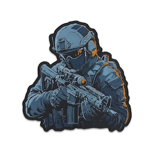 May include: Embroidered patch depicting a tactical soldier in blue and orange hues. The soldier is holding a rifle with a scope, wearing a helmet, and tactical gear. The patch has a black border and a detailed design.