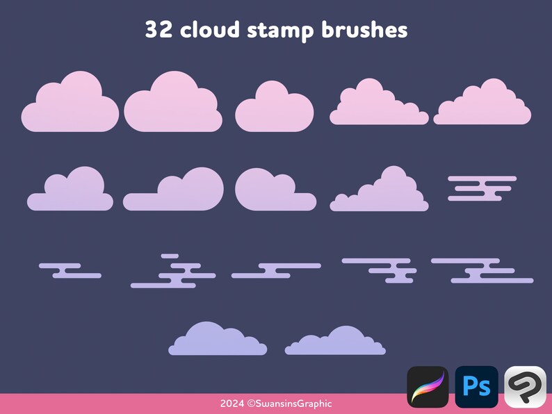 32 Cloud Stamp Brushes - Cute Simple Comic Shapes - Decoration Elements ...