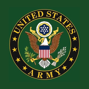 May include: The United States Army emblem features a central bald eagle with brown wings, a white head, and a shield with red and white stripes. It holds arrows and an olive branch, with a banner reading E PLURIBUS UNUM and stars above.