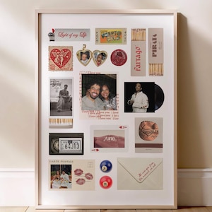 Puede incluir: Un collage enmarcado con varios recuerdos, incluyendo fotos, sellos y cajas de cerillas. Los elementos están dispuestos sobre un fondo blanco dentro de un marco de madera clara. Algunos elementos tienen texto, incluyendo "Light of my Life" y "I love you".